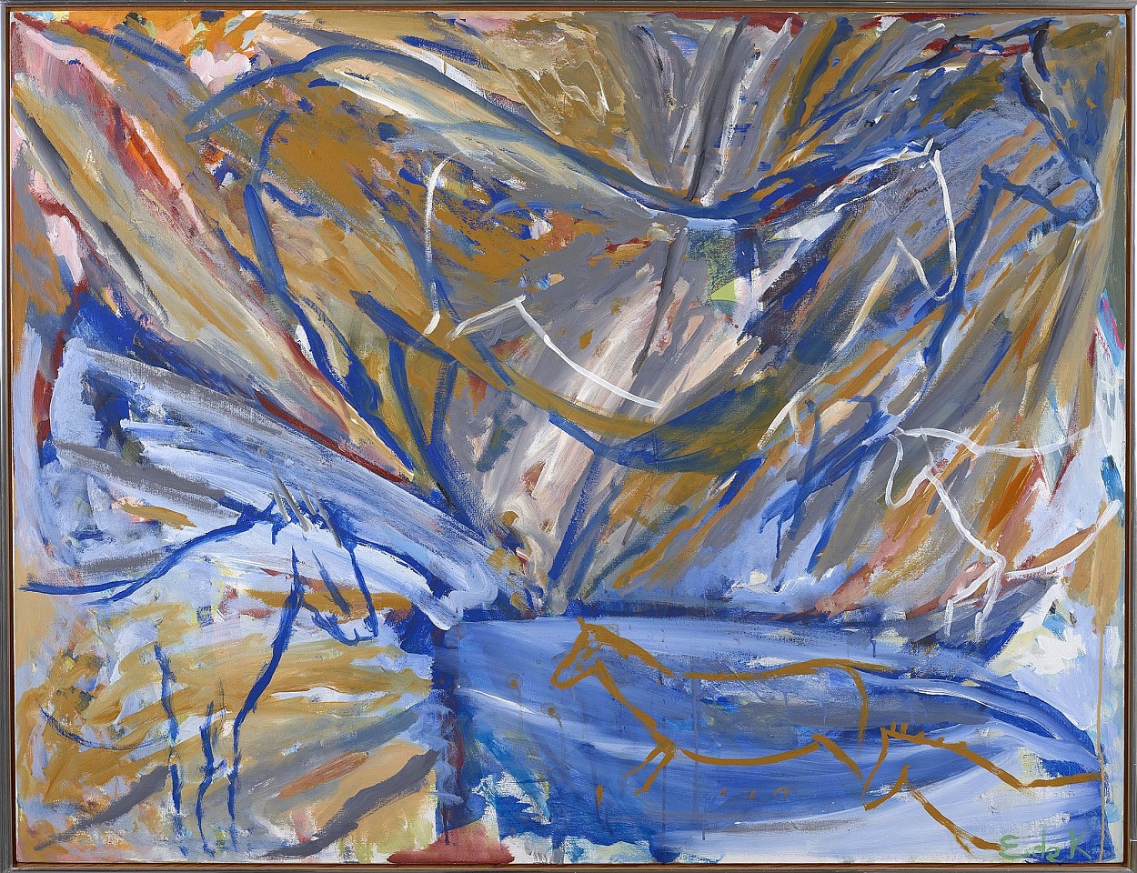 Elaine de Kooning, Six Horses: Blue Wall | SOLD, 1987
Acrylic on canvas, 46 x 60 in.
Susan Vecsey on Elaine de Kooning: I love how this painting reveals itself more and more as you spend time with it.  There are images within images, stillness and movement.  And the image is so contained, horses and fragments of horses pushing against the edges of the painting.