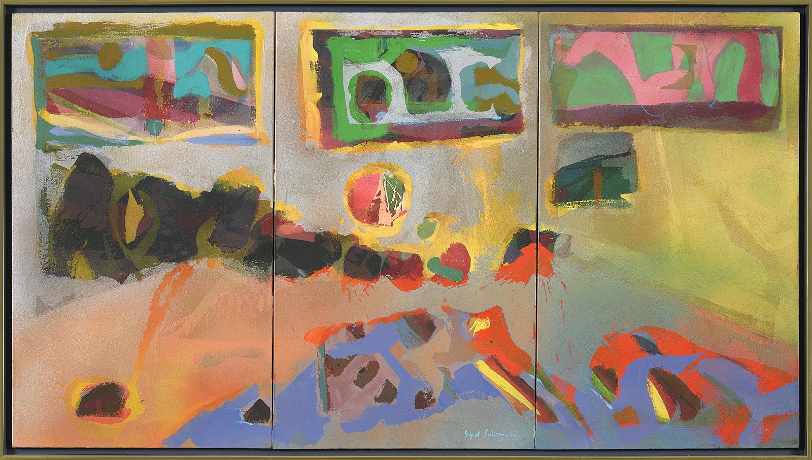 Syd Solomon, Tri-Rock Island-Gallery, 1975
Acrylic and oil on canvas, 30 x 54 in. (76.2 x 137.2 cm)
SOL-00219