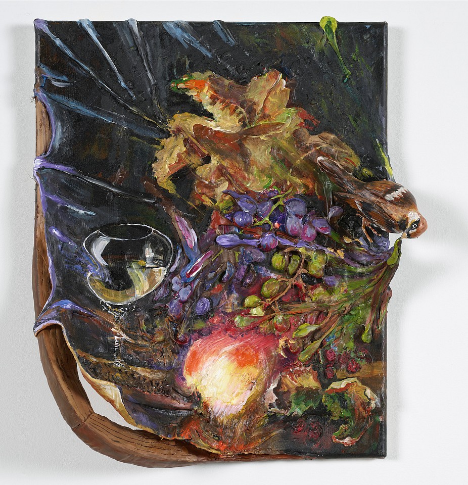 Valerie Hegarty, Wine Glass, Grapes and Peach Distort with Sparrow, 2024
Wood, canvas, wire, air-dry clay, foil, epoxy, plastic, acrylics, 19 1/2 x 17 x 7 in.
HEG-00001